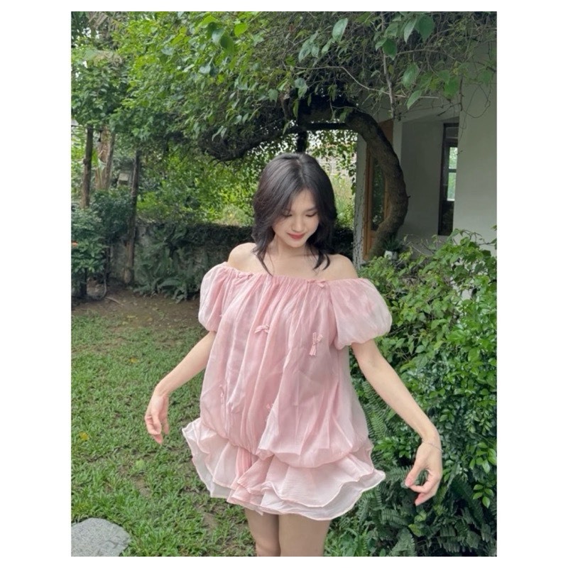 [TẶNG KÈM QUẦN] áo trễ vai voan tơ quả bí đính nơ bồng bềnh tiểu thư bánh bèo 2 lớp A738 SUTANO | BigBuy360 - bigbuy360.vn