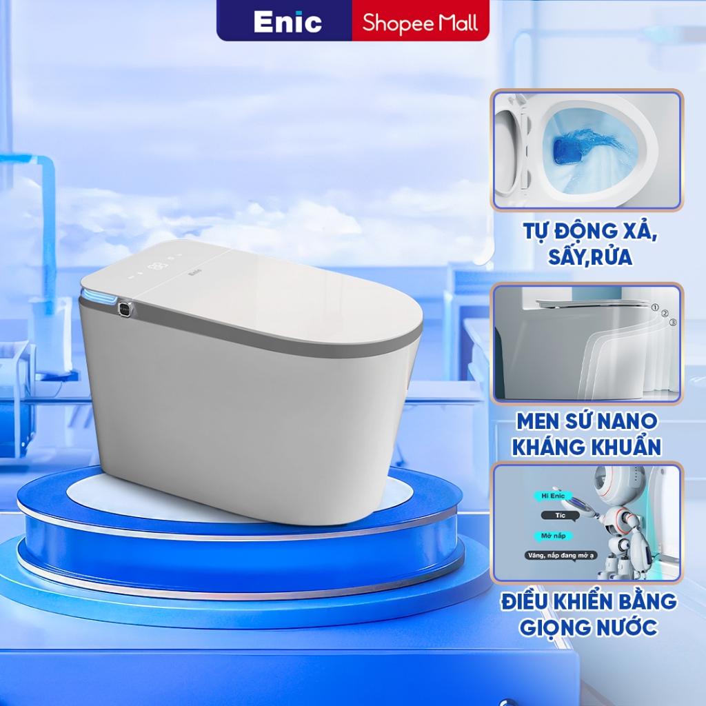 Bồn cầu thông minh Enic Smart D Pro tự động lật, tự động xả nước, đèn diệt khuẩn tia UV, vòi rửa nón
