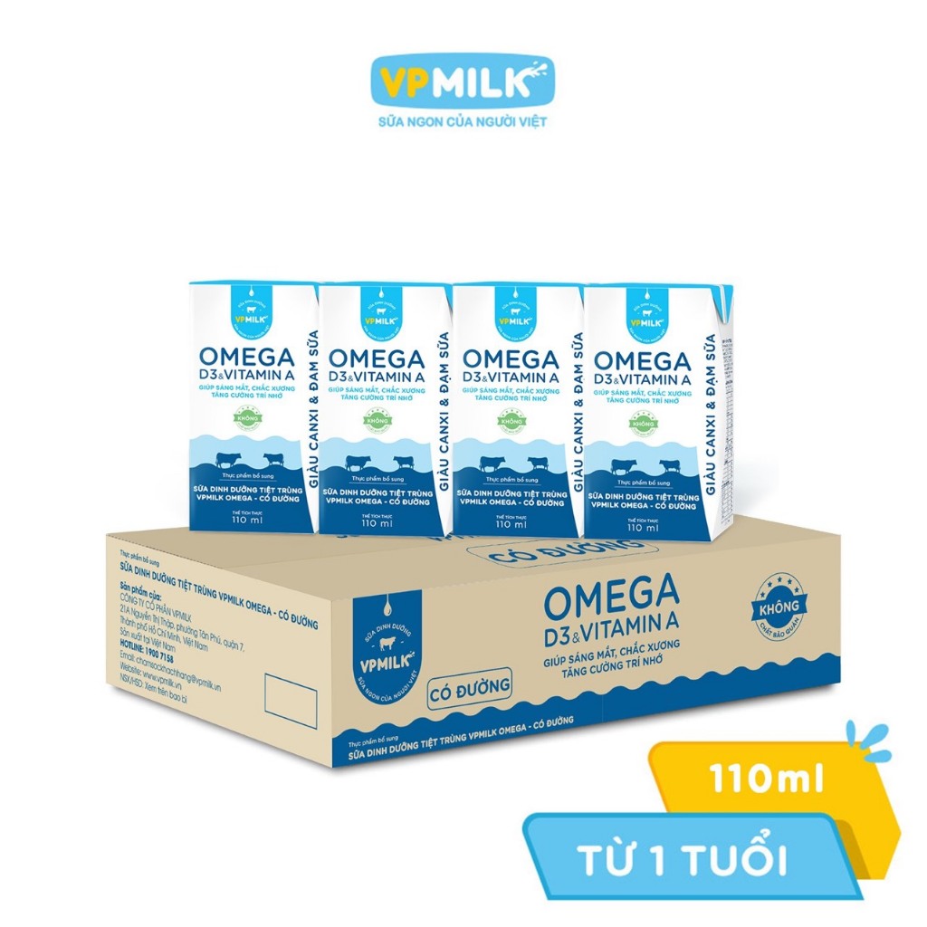 Thùng 48 hộp-110ml] Sữa Dinh Dưỡng Tiệt Trùng VPMilk Omega /Ít đường