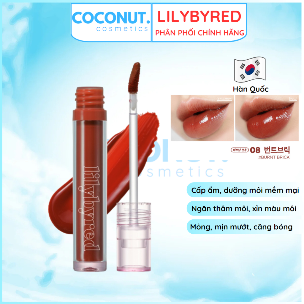 Son kem bóng Lily Byred Tint Glassy Layer Fixing Tint màu 08 Burnt Brick LilyByred Đỏ Nâu Bóng dưỡng