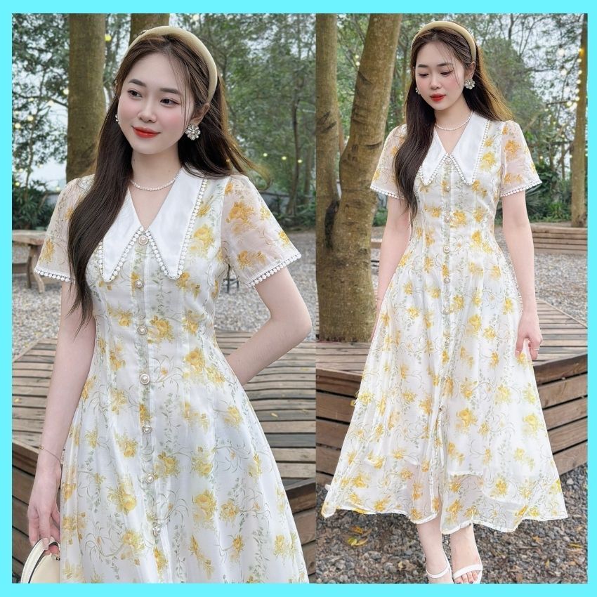 Đầm hoa nhí dáng dài cổ Hàn cao cấp - XU XU SHOP - Váy hoa thiết kế vải voan tơ mềm mịn - ẢNH THẬT
