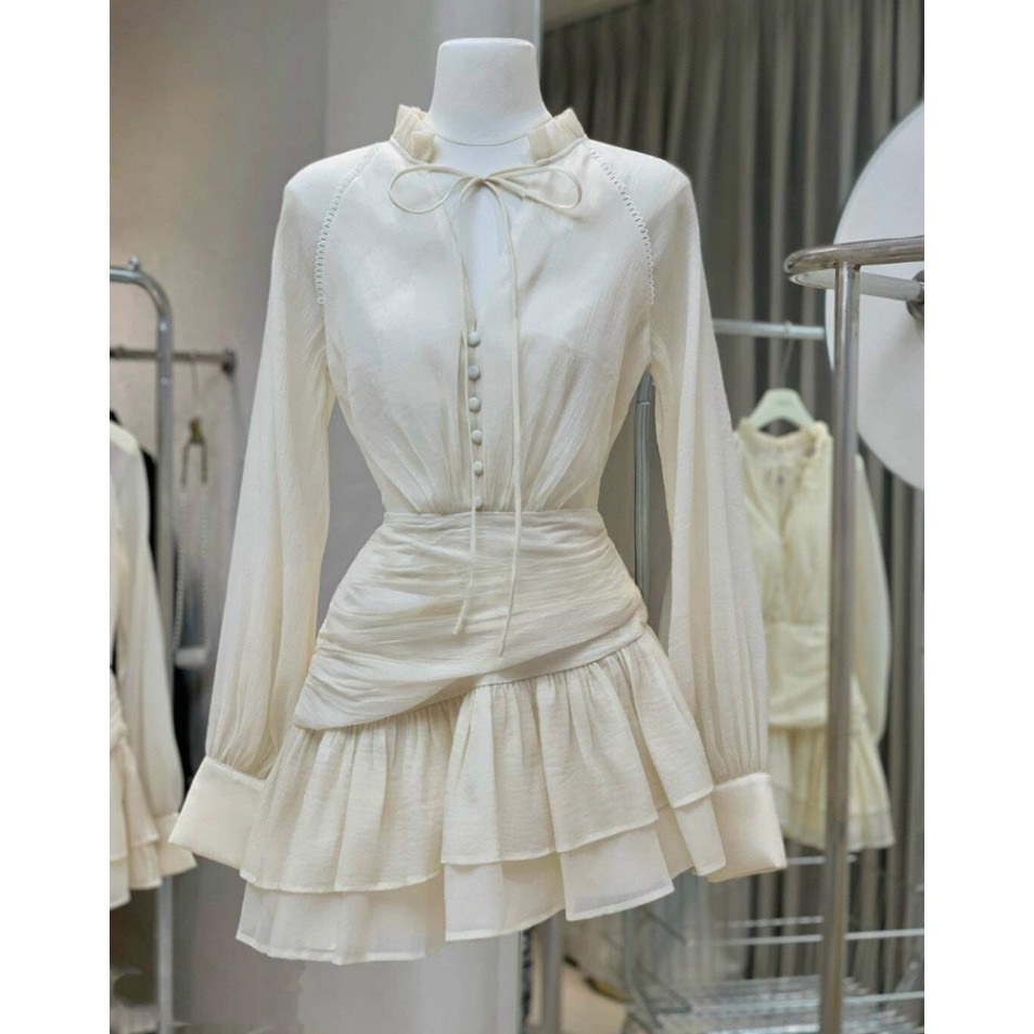 Đầm tiểu thư tay dài phối nút, đầm thiết kế cổ bèo tầng xòe siêu sang 2 màu đen,kem | BigBuy360 - bigbuy360.vn