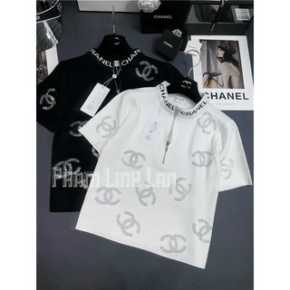 Áo rip ép đá chữ chaneoo cổ kéo khoá form babytee hàng QC l1 kèm ảnh thật
