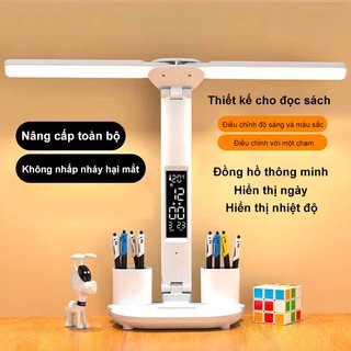 Đèn bàn học Đèn đôi LED Đèn có thể điều chỉnh độ sáng với đèn bàn đồng hồ Đèn bàn đọc sách USB