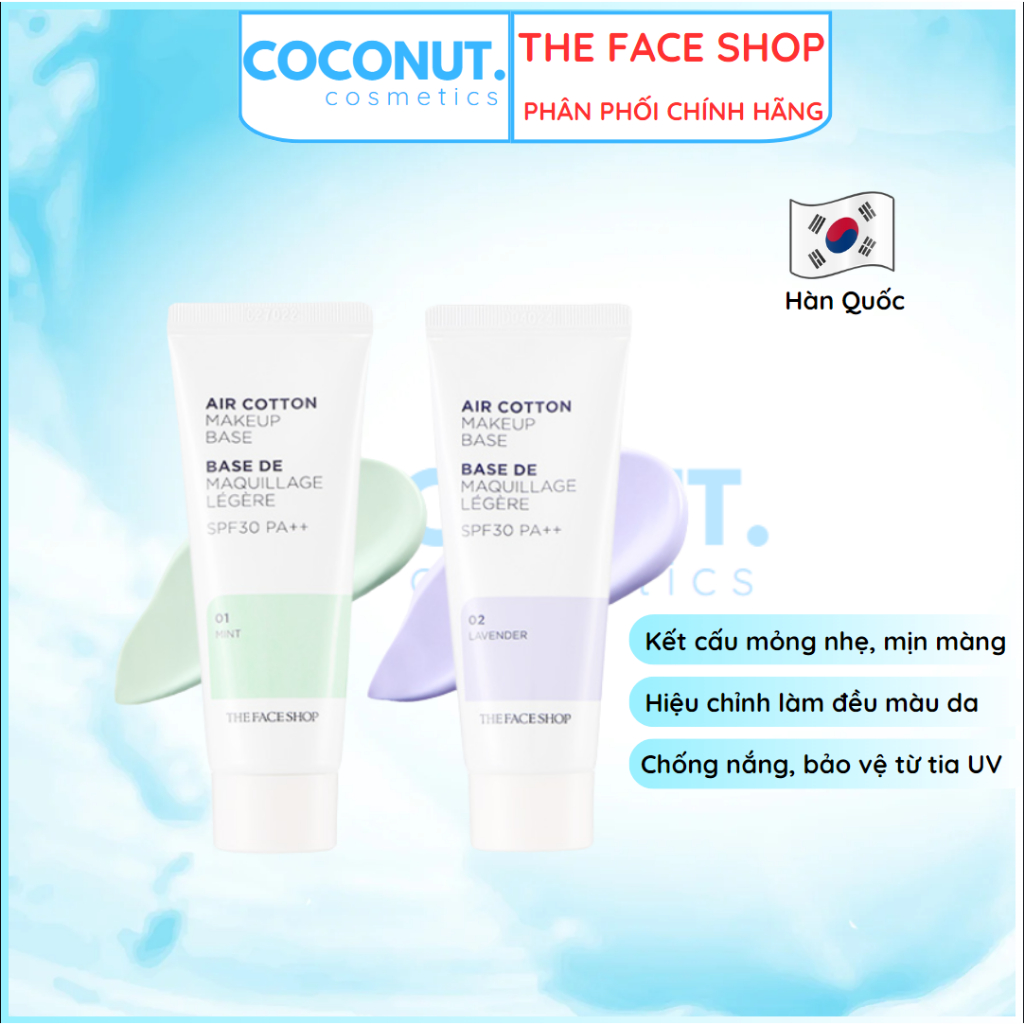 Kem lót kiềm dầu và hiệu chỉnh tông da The Face Shop Air Cotton Makeup Base SPF30 PA++ TFS 35g Che Khuyết Điểm