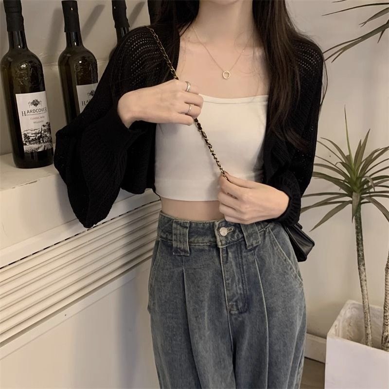 Áo Khoác Cadigan Dệt Kim Mỏng Đan Lỗ Thoáng Khí Áo Len Kiểu Tay Dài Dáng Ngắn Trơn Basic Phong Cách Hàn Quốc Shopcam | BigBuy360 - bigbuy360.vn