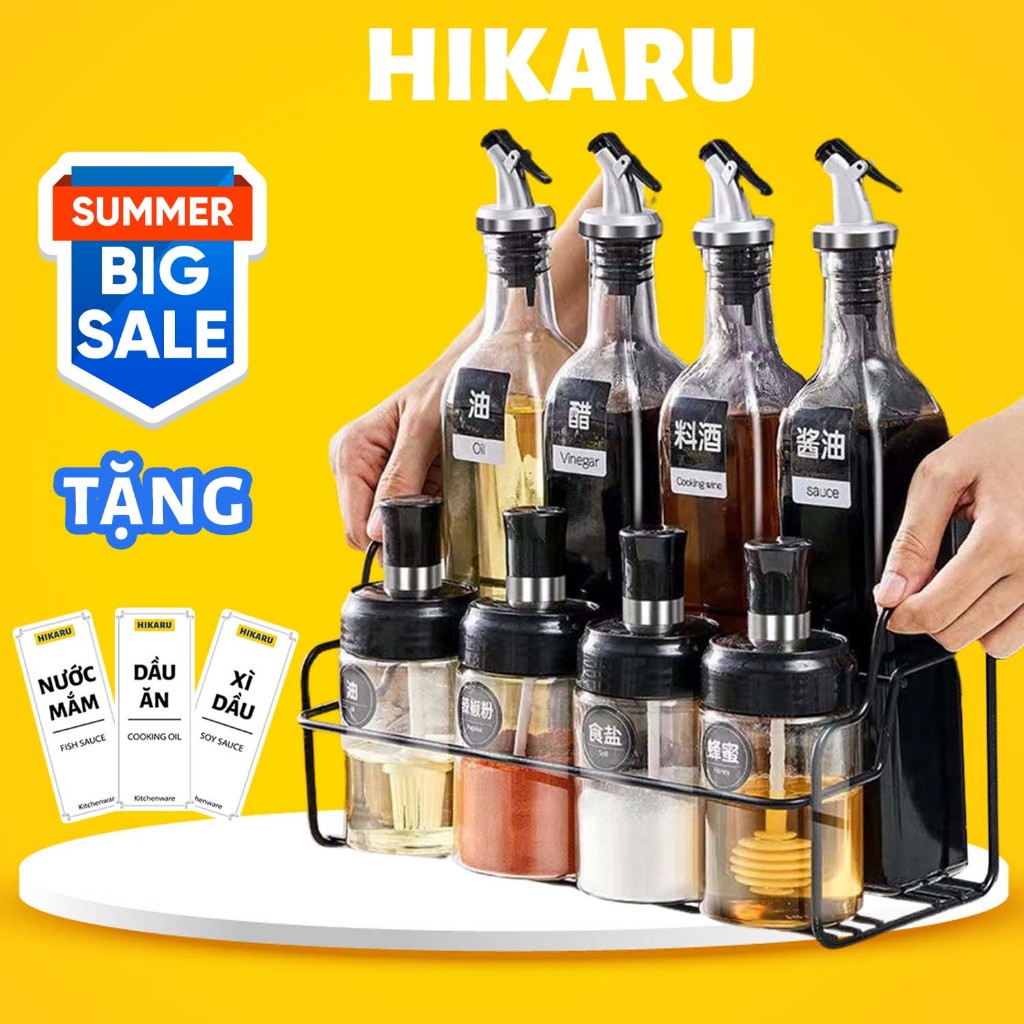 Lọ Gia Vị Đựng Dầu Ăn (Kèm Vòi Rót) HIKARU Thủy Tinh 500ml Vuông & Lọ Gia Vị Kèm Thìa Chất Lượng Cao