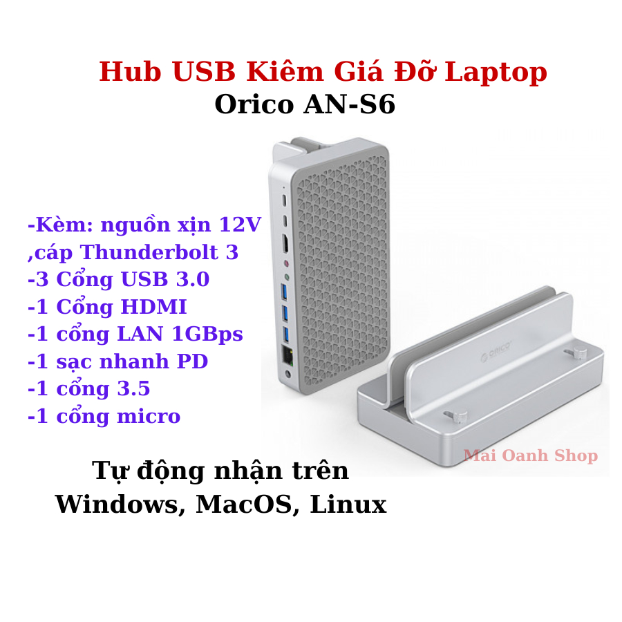 Dock Kiêm Giá Đỡ/HUB Laptop - HUB USB Type-C Ra HDMI/LAN/USB3.0/Audio 0rico ANS6 - Dùng Cho Laptop W