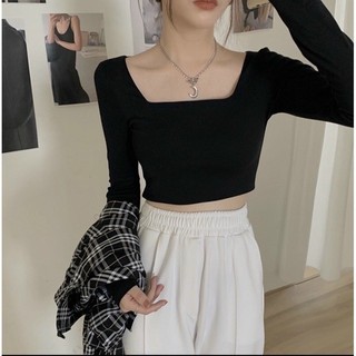 Áo Croptop Tay Dài Cổ Vuông Xinh Xắn Shop Tiến Linh