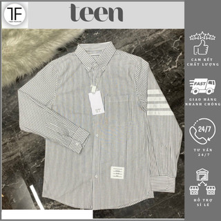 Áo sơ mi nam nữ kẻ sọc màu xám viền tay 4 dải trắng, sơ mi boy girl phố vải cotton lụa cao cấp