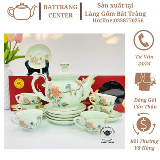 (6 MẪU) Bộ ấm chén pha trà Bát Tràng-men Xanh Ngọc vẽ Vàng:,Sen Nước,Mẫu Đơn…dáng Đài Các