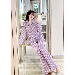 Bộ Pyjama kẻ caro túi in gấu tay dài quần dài chất thô đũi mềm mại thoải mái freesize 40-60kg - Chun's sleepwear