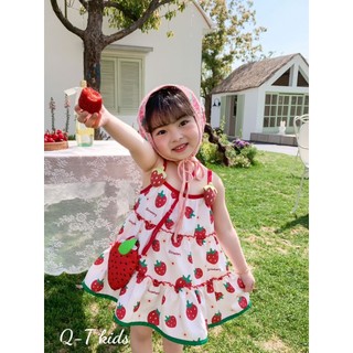 Váy trẻ em -  đầm maxi 2 dây họa tiết dâu tây xinh yêu cho bé diện hè ( tặng kèm túi )