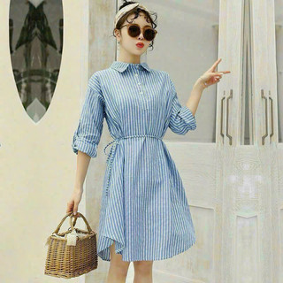 ĐẦM SỌC XÒE CỔ SƠ MI EO RÚT