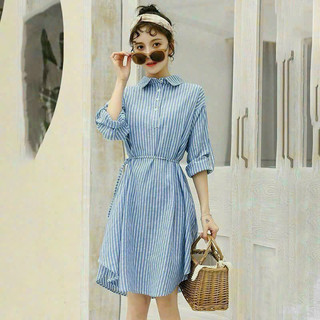 ĐẦM SỌC XÒE CỔ SƠ MI EO RÚT