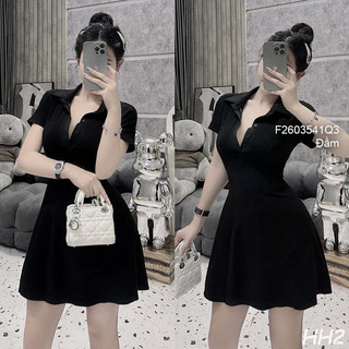 Đầm xòe đen cổ bẻ sang trọng, đầm xòe nữ tay ngắn viens store