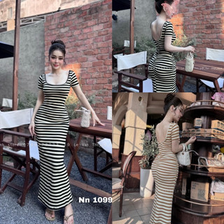 Váy Body Kẻ Cổ Tròn Nhún Lưng Dáng Dài