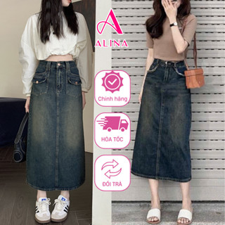  Chân váy jean cạp cao retro Acocado túi hộp dáng váy chữ A xẻ tà phong cách vintage 