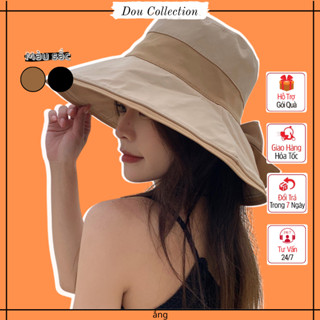 Mũ bucket đi biển vành rộng unisex nữ, Nón che nắng họa tiết trơn phối nơ thời trang mùa hè tone nâu đen - Mã NV048