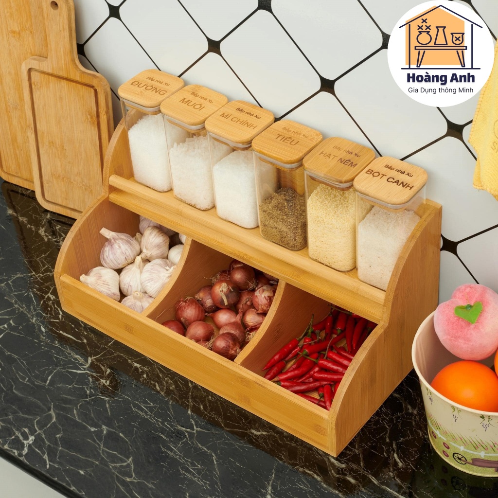 Set Kệ Tre Và 6 Hộp Đựng Gia Vị Hành Tỏi Ớt Nhà Bếp - Khắc Tên Theo Yêu Cầu - Cá Nhân Hoá - Độc Nhất - Của Riêng Bạn