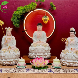 Bộ tượng tam thánh phật, tượng phật a di đà, tượng phật quan âm, phật địa tạng vương bồ tát, màu trắng ngọc cao 30cm