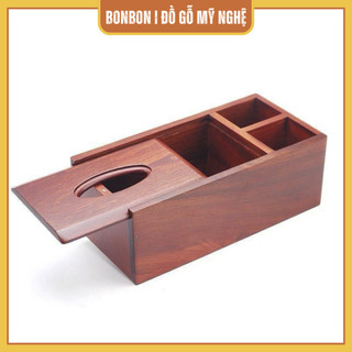 Hộp đựng giấy ăn bằng gỗ Hương, Hộp đựng giấy ba ngăn, hộp gỗ đựng khăn giấy tiện lợi 2N1 đựng giấy ăn, điều khiển, bút