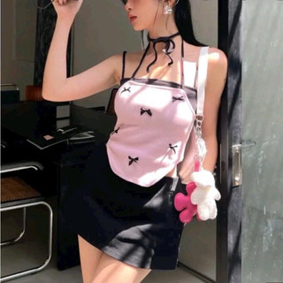Áo hai dây kiểu yếm phối màu đính nơ toàn áo yn34