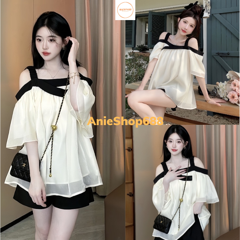 Set Áo 2 Dây Trễ Vai Chất Liệu Voan Tơ + Quần Tafta Phồng, Set Thiết Kế Tiểu Thư Set đồ nữ áo trễ va