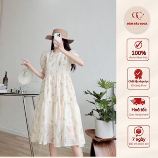 Váy babydoll. Váy Hoa Nhí. Đầm bầu dáng dài họa tiết hoa xinh xắn. Đầm hoa nhí tơ 2 lớp mặc đi làm đi tiệc thoải mái