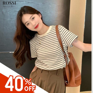 Áo thun nữ Rossi baby tee ngắn tay cổ tròn cotton kẻ sọc chất vải co dãn 4 chiều