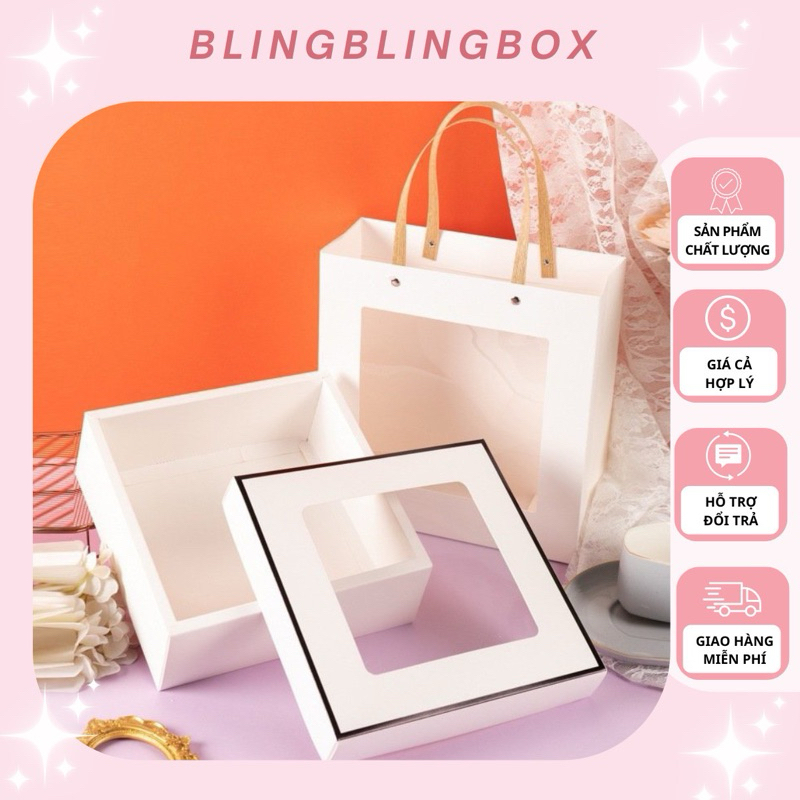 Hộp đựng quà kèm túi giấy cao cấp 20.5x 20.5x 8cm - set hộp đựng quà mặt kính trong suốt, hộp quà de