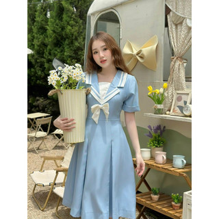 Armous- Đầm xanh phối nơ trắng xoè phong cách sang trọng Mia