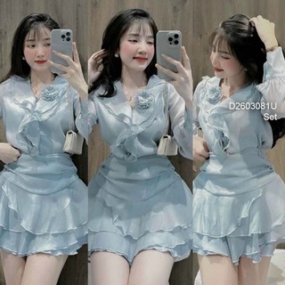 Set tiểu thư chân váy ngắn tầng áo tay dài cổ tim phối bèo đính hoa 2603