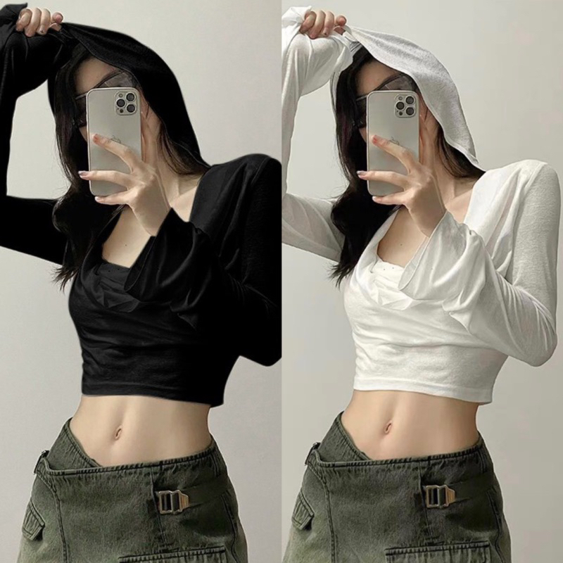 Áo thun borip nón siêu hot 1y Áo croptop nữ tay dài, áo thun croptop kiểu cut out ngực hở vai cá tín