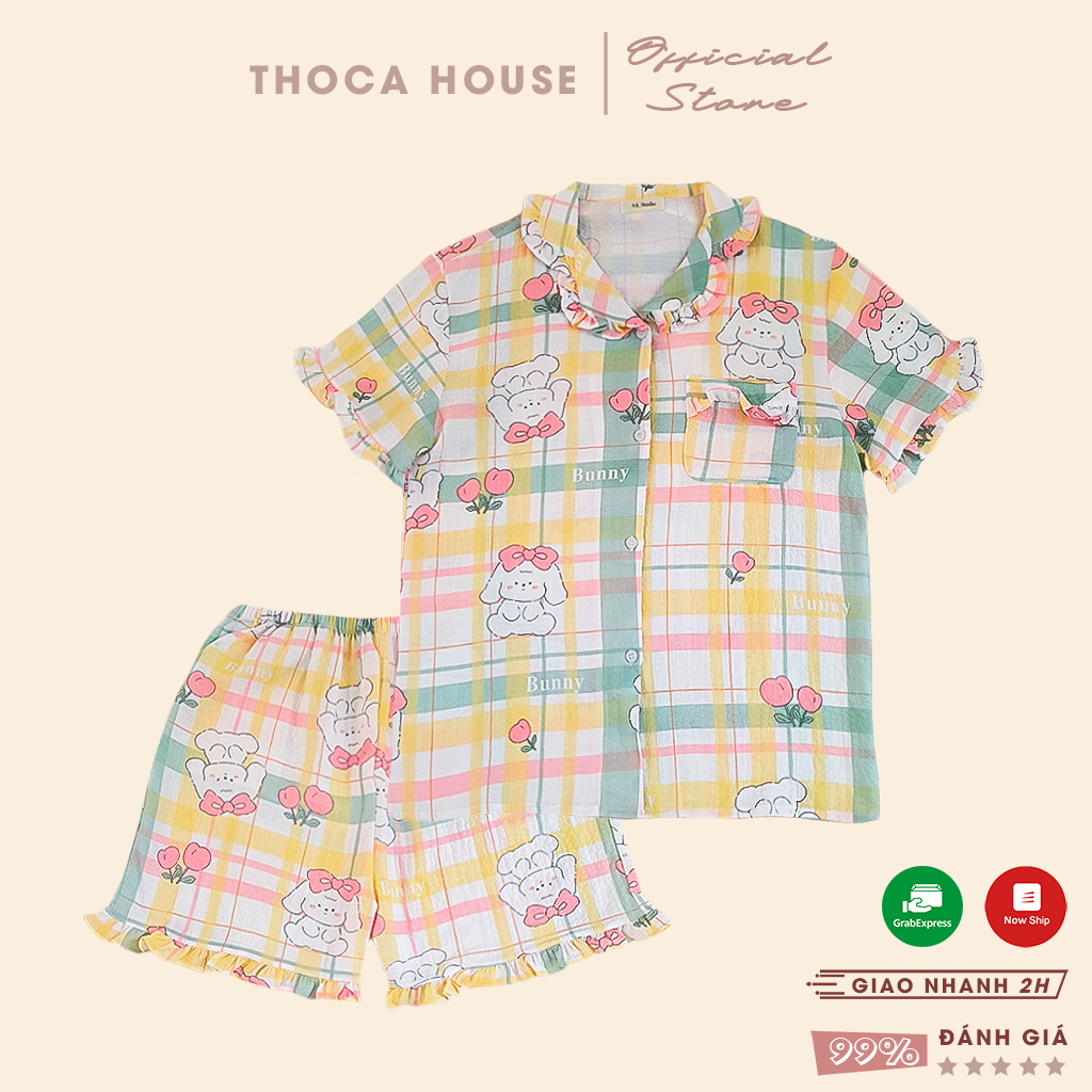 Bộ pijama đùi mặc ngủ hoạt hình xinh xắn THOCA HOUSE đồ bộ mặc nhà cộc tay quần ngắn lưng thun thoải mái