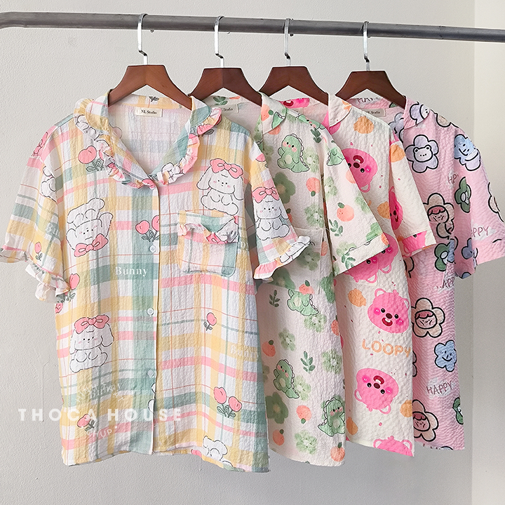 Bộ pijama đùi mặc ngủ hoạt hình xinh xắn THOCA HOUSE đồ bộ mặc nhà cộc tay quần ngắn lưng thun thoải mái