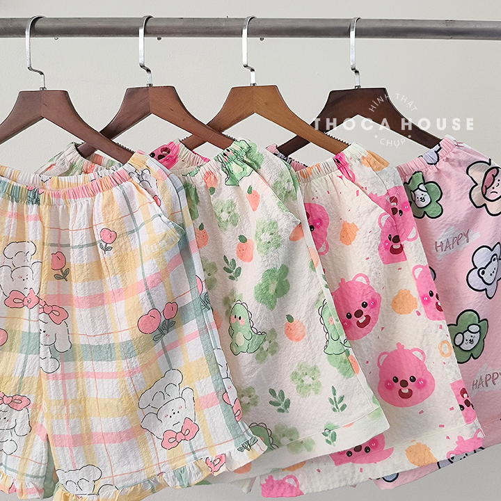 Bộ pijama đùi mặc ngủ hoạt hình xinh xắn THOCA HOUSE đồ bộ mặc nhà cộc tay quần ngắn lưng thun thoải mái