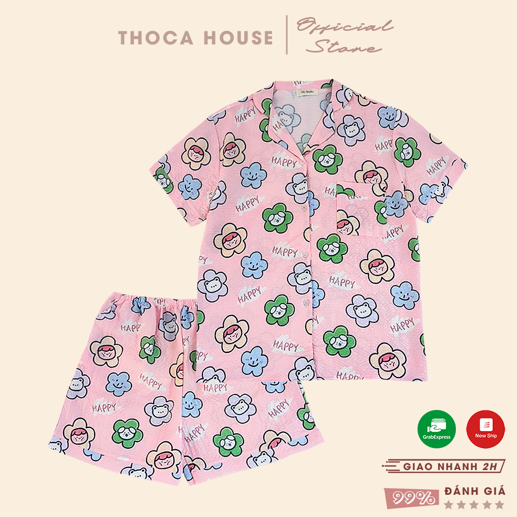 Set pijama đũi thái cộc tay hoạ tiết xinh xắn dễ thương THOCA HOUSE bộ ngủ mặc nhà hoạt hình cộc tay quần đùi mát mẻ