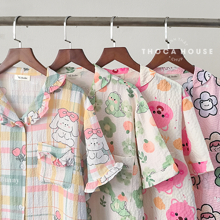 Set pijama đũi thái cộc tay hoạ tiết xinh xắn dễ thương THOCA HOUSE bộ ngủ mặc nhà hoạt hình cộc tay quần đùi mát mẻ