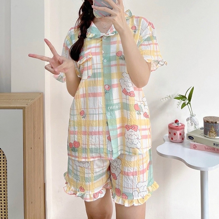 Set pijama đũi thái cộc tay hoạ tiết xinh xắn dễ thương THOCA HOUSE bộ ngủ mặc nhà hoạt hình cộc tay quần đùi mát mẻ