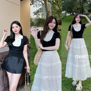 Áo thun kiểu phối cổ sơ mi dáng ngắn croptop, Áo thiết kế dáng ôm AT7840 - NhiNhi Shop