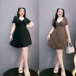 Đầm Thiết Kế Bigsize Nữ Tay Ngắn Cúp Ngực Cổ Xoắn Váy Big Size Dáng Xòe Chất Gân Tăm Co Giãn G81