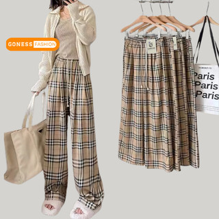 Quần ống rộng nữ Goness suông kẻ chất vải thô mềm cạp chun baggy dài suông loe culottes xuông phong cách ulzang thời tra