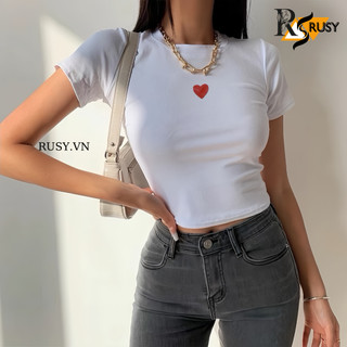 Áo Croptop Ôm Body Nữ In Chữ Trái Tim Cổ Tròn Tay Ngắn, Áo Thun Croptop Kiểu Sexy In Basic RUSY