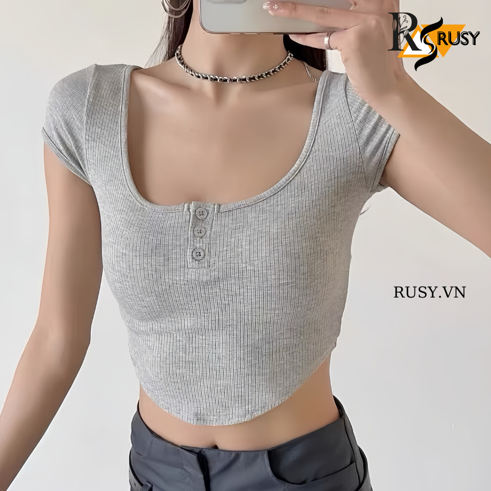 Áo Croptop Trơn Vạt Bầu Ôm Body Cổ Vuông Tròn Tay Ngắn, Áo Thun Ôm Kiểu Sexy Basic Dễ Phối RUSY