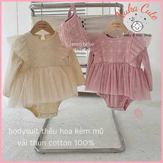 Bodysuit kèm mũ Jenny bebe thun cotton tay cánh tiên chân váy ren Hàn Quốc bé gái
