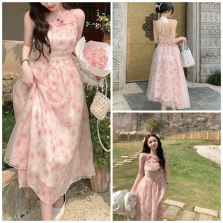 Váy đầm nữ maxi dáng dài cột nơ chất voan phối lưới thiết kế đọc đáo thời thượng thích hợp đi chơi đi biển