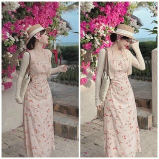 Sét váy lụa hoa cổ yếm cột nơ khoét eo phối khoác tay dài phong cách trẻ trung sang chảnh thích hơp mặc đi chơi đi biên