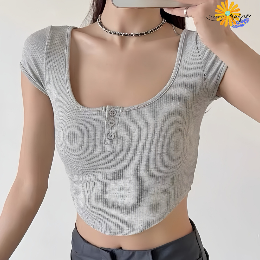 Áo Croptop Trơn Vạt Bầu Ôm Body Cổ Vuông Tròn Tay Ngắn, Áo Thun Ôm Kiểu Sexy Basic Dễ Phối RASUN