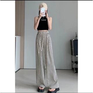 Quần kẻ ống rộng dài nữ , quần sọc dáng suông nữ cạp chun lưng cao freesize chất đũi thô nhăn mềm